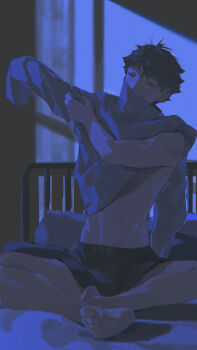 Rule 34 | 1boy, absurdres, black male underwear, boxers, brown hair, commentary request, dressing, feet, haikyuu!!, half-closed eyes, highres, indoors, jiyun0805, male focus, male underwear, navel, night, no pants, oikawa tooru (haikyuu!!), on bed, short hair, sitting, soles, solo, toes, underwear