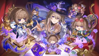 6+girls absurdres aventurine_(honkai:_star_rail) aventurine_(honkai:_star_rail)_(cosplay) black_jacket black_shorts breasts brown_hair coat commentary corset cosplay detached_sleeves dice dress elysia_(herrscher_of_human:_ego)_(honkai_impact) elysia_(honkai_impact) elysia_(honkai_impact)_(cosplay) english_commentary eyewear_on_head furina_(genshin_impact) furina_(genshin_impact)_(cosplay) genshin_impact hat head_wings herta_(honkai:_star_rail) herta_(puppet)_(honkai:_star_rail) highres holding holding_megaphone holding_pom_poms honkai:_star_rail honkai_(series) honkai_impact_3rd jacket long_hair megaphone microphone_stand mihoyo multiple_girls music open_mouth pants poker_chip pom_pom_(cheerleading) pom_poms purple_eyes robin_(honkai:_star_rail) robin_(honkai:_star_rail)_(cosplay) roulette_table shorts singing sunday_(honkai:_star_rail) sunday_(honkai:_star_rail)_(cosplay) sunglasses table the_herta_(honkai:_star_rail) top_hat white_coat white_corset white_dress white_pants white_shorts wings witch_hat yaoyaobae