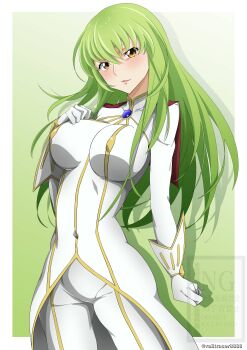 1girl absurdres artist_name border breasts c.c. code_geass female_focus gloves green_hair highres large_breasts light_blush lips long_hair railtracer8888 simple_background watermark white_border white_gloves yellow_eyes