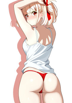 1girl absurdres arms_up ass breasts cameltoe camisole closed_mouth from_behind hair_ribbon highres large_breasts looking_at_viewer looking_back lycoris_recoil nishikigi_chisato panties red_eyes red_panties red_ribbon ribbon short_hair simple_background solo tetsuado underwear white_background white_camisole