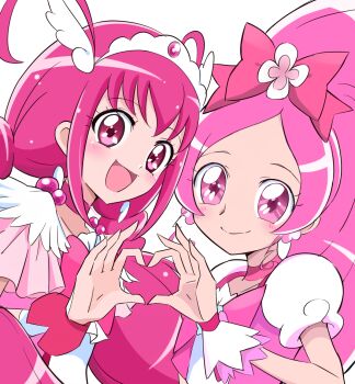 2girls :d antenna_hair bow brooch chest_bow choker closed_mouth color_connection commentary cure_blossom cure_happy curly_sidelocks dress earrings fake_head_wings flower_earrings frilled_wrist_cuffs frills gem hair_bow hair_ornament hanasaki_tsubomi haruzu2000 heart heart_brooch heart_hands heart_hands_duo heartcatch_precure! high_ponytail highres hoshizora_miyuki in-franchise_crossover jewelry long_hair looking_at_viewer low_twintails magical_girl multiple_girls open_mouth parted_bangs pink_bow pink_choker pink_dress pink_eyes pink_gem pink_hair pink_theme pink_wrist_cuffs ponytail precure puffy_short_sleeves puffy_sleeves short_sleeves simple_background smile smile_precure! tiara twintails two-tone_dress upper_body very_long_hair white_background white_dress white_tiara wrist_cuffs
