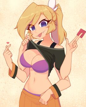 1girl absurdres black_shirt blonde_hair blue_eyes bra breasts cleavage closed_mouth clothes_lift clothes_pull commentary condom condom_wrapper cowboy_shot english_commentary extra_arms fangs heart highres holding holding_condom lifting_own_clothes long_hair looking_at_viewer navel nelly_(xyronii) orange_skirt original panties ponytail pulling_own_clothes purple_bra purple_panties shirt shirt_lift skirt skirt_pull solo tongue tongue_out underwear xyronii yellow_background