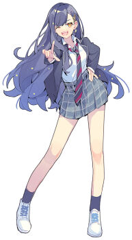 1girl ;d bare_legs black_hair black_jacket black_socks blazer blue_hair breasts collared_shirt commentary contrapposto diagonal-striped_clothes diagonal-striped_necktie dress_shirt earrings full_body gradient_hair hair_behind_ear hair_ornament hairclip hand_on_own_hip highres jacket jewelry kamiyama_high_school_uniform_(project_sekai) long_hair long_sleeves looking_at_viewer medium_breasts miniskirt multicolored_hair necktie one_eye_closed open_clothes open_jacket open_mouth orange_eyes plaid_clothes plaid_skirt pleated_skirt pointing pointing_at_viewer project_sekai school_uniform shiraishi_an shirt shirt_tucked_in shoes simple_background single_sidelock skirt smile socks solo standing star_(symbol) star_earrings star_hair_ornament striped_clothes striped_necktie swept_bangs symbol-only_commentary teeth upper_teeth_only white_background white_shirt white_shoes xiao_sui_shi_zhi_lang