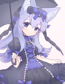 Rule 34 | 1girl, animal ears, black dress, black umbrella, blue dress, blue eyes, blue hair, blue ribbon, dress, emil chronicle online, fox ears, hair ribbon, hairband, highres, holding, holding umbrella, lace-trimmed hairband, lace trim, long hair, looking at viewer, ribbon, shugoma minazuki, skirt hold, solo, two-tone dress, umbrella, white background, yusa yuyu