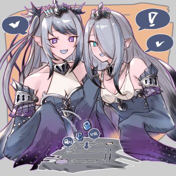 ! 2girls arm_fins black_tiara board_game breasts cleavage collarbone detached_sleeves dice duel_monster fins fish_girl green_eyes grey_hair hair_between_eyes head_fins heart lock long_hair medium_breasts multiple_girls nandesu open_mouth purple_eyes sleeves_past_wrists smile spoken_exclamation_mark spoken_heart tearlaments_havnis tearlaments_scheiren tiara twintails yu-gi-oh!