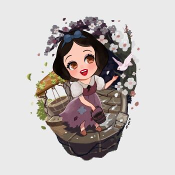 1girl animification bird black_hair bow chibi dress hair_bow holding looking_at_viewer meecosme open_mouth puffy_short_sleeves puffy_sleeves short_hair short_sleeves smile snow_white_(disney) snow_white_and_the_seven_dwarfs_(disney) solo