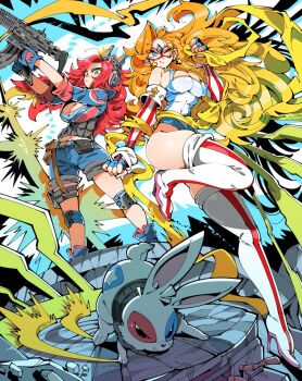 1boy 2girls absurdly_long_hair action ammunition_pouch belt black_eyes black_hops blonde_hair blue_eyes blue_gloves blue_jacket blue_leotard blue_shorts boots breasts character_request cleavage_cutout clothing_cutout commentary covered_navel crossover curly_hair denim denim_shorts domino_mask earrings elbow_gloves eye_mask fingerless_gloves forehead_jewel gloves gluteal_fold green_eyes gun headset high_heel_boots high_heels highleg highleg_leotard holding holding_gun holding_own_hair holding_weapon huge_breasts impossible_clothes impossible_leotard jacket jewelry kafun kamen_america kamen_america_(comic) leg_up legs_apart leotard long_hair looking_at_another looking_at_viewer mask midriff multicolored_clothes multiple_girls navel pouch prehensile_hair rabbit rebar red_hair rubble shell_casing shiny_skin shirt short_shorts shorts sleeves_rolled_up standing standing_on_one_leg star_(symbol) star_earrings striped_clothes striped_gloves swept_bangs taut_clothes taut_shirt thigh_boots thigh_strap thighhighs thighs u.s.a.-g.i. united_states very_long_hair weapon weapon_request white_footwear white_leotard