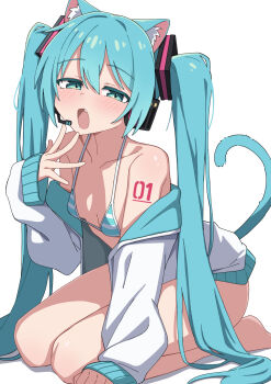 1girl alternate_costume animal_ear_fluff animal_ears aqua_eyes aqua_hair bare_shoulders barefoot bikini breasts cat_ears cat_tail commentary fang hair_between_eyes half-closed_eyes hand_on_ground hatsune_miku headset highres jacket maud0239 open_mouth small_breasts striped_bikini striped_clothes swimsuit tail tail_raised tattoo twintails vocaloid white_jacket