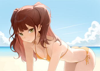 Rule 34 | 1girl, ass, beach, bent over, bikini, blue sky, breasts, brown hair, cleavage, closed mouth, cloud, collarbone, commentary request, curvy, day, green eyes, highres, kujikawa rise, looking at viewer, medium breasts, ocean, outdoors, persona, persona 4, remo reko23, sky, smile, solo, swimsuit, thong, thong bikini, two side up, wide hips, yellow bikini