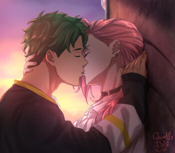 2boys against_wall artist_name black_choker cherry_blossom_(sk8) choker closed_eyes earclip face_piercing ghostly_day green_hair highres jacket joe_(sk8) kiss lip_piercing long_hair long_sleeves male_focus multiple_boys outdoors piercing pink_hair short_hair sk8_the_infinity sunset upper_body yaoi