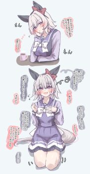1girl animal_ears black_hairband blush bow bowtie breasts curren_chan_(umamusume) ear_bow ear_covers grey_hair hair_between_eyes hairband highres horse_ears horse_girl horse_tail large_breasts long_sleeves looking_at_viewer open_mouth pleated_skirt purple_eyes purple_sailor_collar purple_serafuku purple_shirt purple_skirt red_bow sailor_collar sailor_shirt school_uniform serafuku shirt short_hair skirt smile speech_bubble tail thought_bubble tofu_thunder tracen_school_uniform umamusume white_bow white_bowtie