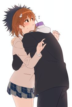 1boy 1girl a_certain_high_school_uniform absurdres black_hair black_jacket black_pants blazer blush brown_eyes brown_hair brown_jacket commentary_request flying_sweatdrops grey_skirt hair_ornament hairpin harumi61 hetero highres hood hood_down hug jacket kamijou_touma long_sleeves miniskirt misaka_mikoto pants plaid_clothes plaid_skirt school_uniform short_hair skirt spiked_hair toaru_kagaku_no_railgun toaru_majutsu_no_index tokiwadai_school_uniform white_background winter_uniform