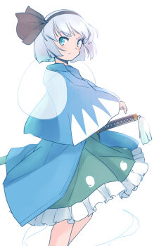 1girl aqua_eyes black_hairband black_ribbon blue_cloak cloak commentary_request feet_out_of_frame frilled_skirt frills ghost_print green_skirt grey_hair hair_ribbon hairband katana konpaku_youmu konpaku_youmu_(ghost) light_blush light_frown rangycrow ribbon sheath sheathed short_hair sideways_glance skirt solo sword sword_tassel tassel touhou weapon