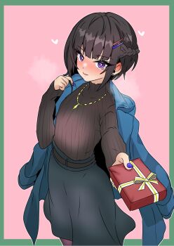 Rule 34 | 1girl, aqua coat, black hair, black skirt, black sweater, blunt bangs, blush, border, box, braid, bright pupils, coat, coat on shoulders, commentary request, earrings, fingernails, gift, gift box, green border, half up braid, heart, highres, hiroshi (01kanata), holding, holding box, idolmaster, idolmaster cinderella girls, incoming gift, jewelry, long sleeves, looking at viewer, nail polish, necklace, pink background, purple eyes, purple nails, ribbed sweater, shirayuki chiyo, short hair, simple background, skirt, solo, stud earrings, sweater, sweater tucked in, white pupils