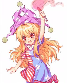 1girl absurdres american_flag_dress american_flag_legwear arm_up beads blonde_hair blush clownpiece commentary_request cowboy_shot dress fang fire hair_between_eyes hat highres holding holding_torch jester_cap long_hair looking_at_viewer neck_ruff no_shoes open_mouth pantyhose pink_fire polka_dot_headwear purple_hat red_eyes short_sleeves sidelocks simple_background smile solo standing standing_on_one_leg star_(symbol) star_print striped_clothes striped_dress striped_pantyhose torch touhou user_mmde3543 wavy_hair white_background