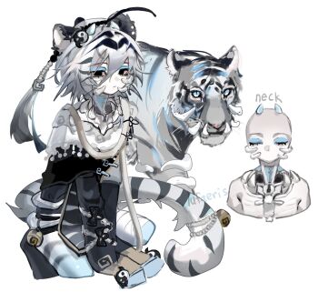 Rule 34 | 1boy, ahoge, animal, animal ears, bandaged leg, bandages, black coat, black eyes, black streaks, blue eyeshadow, capelet, closed mouth, cloud (lufaeris), coat, colored sclera, commentary, double-parted bangs, english commentary, eyeshadow, grey hair, hair between eyes, hair ornament, highres, long sleeves, looking at viewer, makeup, male focus, multicolored hair, multiple views, original, pink sclera, short hair, simple background, streaked hair, tail, tiger, tiger ears, tiger tail, white background, white capelet, yin yang, yin yang hair ornament
