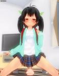 1girl 3d animated anus backpack bag black_hair blush custom_maid_3d_2 dildo dildo_riding dildo_under_clothes eguze_(sho1013) fangs female_focus female_masturbation gluteal_fold hairdressing indoors interior jacket jewelry loli long_hair looking_at_viewer masturbation naughty_face necklace open_clothes open_jacket original panties panty_pull plaid_clothes plaid_skirt pleated_skirt pussy_juice sex_toy shirt sitting skirt solo spread_legs teeth twintails underwear video wariza white_panties white_shirt