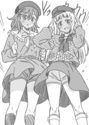Rule 34 | 2girls, :d, :o, arashi chisato, beret, clothes lift, commentary request, dress, feet out of frame, frilled dress, frills, greyscale, hat, heart, kneehighs, looking at viewer, love live!, love live! superstar!!, marugoshi teppei, miniskirt, monochrome, multiple girls, neck ribbon, open mouth, ribbon, shibuya kanon, short dress, shorts, shorts under skirt, skirt, skirt lift, smile, socks, sound effects, translation request