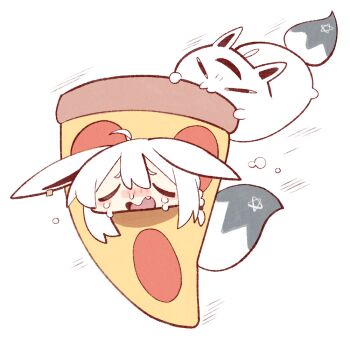 <o>_<o> 1girl ahoge animal_ear_piercing animal_ears braid cocomayo29_(tomato) commentary_request crying earrings fang food fox_ears hair_between_eyes hitodama hololive jewelry korean_commentary miteiru_(shirakami_fubuki) open_mouth pentagram pizza pizza_slice running shirakami_fubuki simple_background single_earring virtual_youtuber white_hair