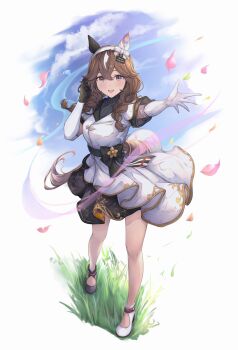 1girl animal_ears asymmetrical_gloves black_gloves black_sweater blue_sky blush braid braided_sidelocks breasts brown_hair cloud commentary_request curren_bouquetd&#039;or_(umamusume) dress ear_covers elbow_gloves gloves grass grey_eyes hair_between_eyes hair_ornament hairband highres horse_ears horse_girl long_braid long_hair looking_at_viewer low_twin_braids medium_breasts mismatched_ear_covers mismatched_gloves open_mouth peperoncino-sama petals sky smile solo sweater tail twin_braids umamusume white_dress white_gloves white_hairband white_streaks