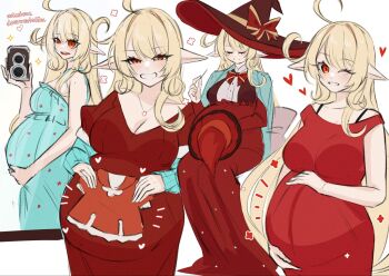 alice_(genshin_impact) blonde_hair blue_dress breasts camera dress elf genshin_impact hat jewelry large_breasts long_hair mamaprofennn necklace one_eye_closed pointy_ears pregnant red_dress red_eyes smile wink witch_hat