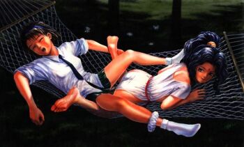 1990s_(style) 2girls alielle blouse blue_hair blush collared_shirt dildo double_dildo el_hazard feet hammock jinnai_nanami legs leotard miniskirt miwa_tamao multiple_girls necktie panties panty_pull ponytail retro_artstyle sex_toy shared_object_insertion shirt skirt sleeping sleeves_rolled_up socks spread_legs underwear white_legwear white_shirt yuri