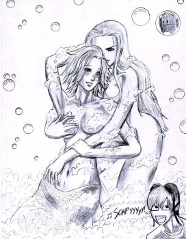 1boy 2girls armpits artist_self-insert bra bra_on_head breast_press breasts bubble bubble_bobble bubble_buster camie_(one_piece) censored completely_nude convenient_censoring crossover earrings english_text foam garth2the2ndpower grabbing_another's_breast groping highres jewelry kalifa_(one_piece) long_hair mermaid monochrome monster_girl mortal_kombat_(series) multiple_girls navel nude object_on_head one_piece parody scales short_hair sketch soap soap_bubbles soap_censor tail taito underwear very_long_hair white_background yuri