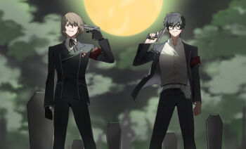 2boys akechi_gorou amamiya_ren arm_at_side armband black-framed_eyewear black_gloves black_hair black_jacket black_pants blurry blurry_background brown_eyes brown_hair cloud cloudy_sky coffin commentary_request dress_shirt evoker full_moon gekkoukan_high_school_uniform glasses gloves green_ribbon green_sky grey_eyes gun gun_to_head hair_between_eyes holding holding_gun holding_weapon jacket long_sleeves looking_at_viewer male_focus moon multiple_boys open_clothes open_jacket outdoors pants parted_lips persona persona_3 persona_5 red_armband ribbon s.e.e.s school_uniform shirt short_hair sky smile standing talliuma weapon white_shirt