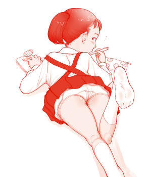 1girl artist_request ass from_behind kneehighs loli looking_back lying monochrome on_stomach original school_uniform socks solo tagme thighs twintails upskirt