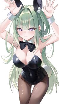 Rule 34 | 1girl, absurdres, alternate costume, animal ears, arms up, averting eyes, black bow, black bowtie, black leotard, blush, bow, bowtie, breasts, brown hiphighs, cleavage, collar, commentary request, covered navel, cowboy shot, dddd x 4, detached collar, embarrassed, fake animal ears, fake tail, green hair, hair intakes, hair ornament, hairclip, highres, hiphighs, korean commentary, large breasts, leotard, long hair, playboy bunny, pom pom (clothes), pom pom hair ornament, purple eyes, rabbit ears, rabbit tail, simple background, small sweatdrop, solo, standing, stellive, strapless, strapless leotard, tail, thigh gap, very long hair, virtual youtuber, white background, white collar, white wrist cuffs, wrist cuffs, yuzuha riko