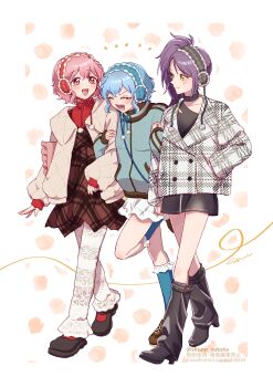 1boy 2girls :d absurdres black_boots black_dress black_shoes blue_hair blue_jacket boots brother_and_sister brown_dress closed_eyes commentary_request crossdressing dorothy_west dress earmuffs hand_in_pocket highres jacket long_hair long_sleeves looking_at_another mole mole_under_eye multiple_girls neck_ribbon open_mouth pink_eyes pink_hair pretty_series pripara puffy_long_sleeves puffy_sleeves purple_hair reona_west ribbon shoes short_hair shun_(shuno_suketa) siblings side_ponytail smile standing toudou_shion trap twins walking white_jacket winter_clothes yellow_eyes