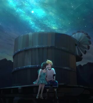 1boy 1girl aged_down animated aqua_dress azezazel bare_shoulders black_hair blonde_hair blue_eyes blue_shorts blush closed_eyes cloud_strife collarbone commentary couple dress english_commentary facing_another facing_to_the_side final_fantasy final_fantasy_vii final_fantasy_vii_remake full_body kiss kissing_cheek long_hair looking_at_viewer looping_animation mountain mountainous_horizon nibelheim night outdoors parted_lips sandals shirt shooting_star short_hair shorts sitting sky spiked_hair star_(sky) starry_sky sundress tagme tifa_lockhart undershirt video water_tank water_tower white_shirt windmill