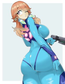 1girl absurdres ass blue_bodysuit blush bodysuit breasts cosplay cowboy_shot earrings feather_earrings feathers gradient_hair green_hair gun handgun highres holding holding_gun holding_weapon hololive hololive_english impossible_bodysuit impossible_clothes jewelry large_breasts long_hair looking_at_viewer multicolored_hair one_eye_closed open_mouth orange_hair paralyzer pink_hair purple_eyes samus_aran samus_aran_(cosplay) shiny_clothes simple_background skin_tight solo takanashi_kiara themastersos virtual_youtuber weapon zero_suit