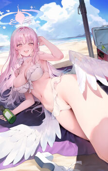 Rule 34 | 1girl, absurdres, armpits, beach, bikini, blue archive, blue halo, blush, bottle, breasts, choker, cleavage, cloud, cloudy sky, collarbone, commentary request, cooler, feathered wings, frilled bikini, frills, halo, highres, large breasts, long hair, looking at viewer, low wings, lying, mika (blue archive), mika (swimsuit) (blue archive), navel, ocean, official alternate costume, on side, open mouth, pengrani, pink hair, pink halo, shoes, skindentation, sky, solo, sweat, swimsuit, thighs, umbrella, unworn shoes, white bikini, white choker, white shoes, white wings, wings