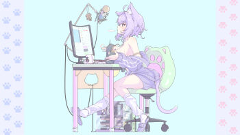 1girl absurdres ahoge animal_ear_fluff animal_ears animalization at_computer black_camisole blush bone_hair_ornament braid breast_rest breasts breasts_on_table camisole cartoon_bone cat_ears cat_girl cat_tail chair cleavage coffee_mug computer computer_keyboard cup desk dog hair_ornament heart heart_o-ring highres hololive inugami_korone inugami_korone_(dog) jacket large_breasts looking_at_screen low_twin_braids medium_hair mimikaki monitor mug nekomata_okayu nekomata_okayu_(membership) o-ring official_alternate_costume partially_unzipped purple_eyes purple_hair purple_jacket solo sweat_stain syam_illust tail twin_braids two_side_up virtual_youtuber yellow_jacket