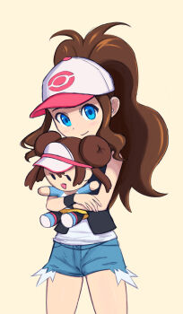 Rule 34 | 1girl, absurdres, anthopod 01, blue eyes, blue shorts, brown hair, character doll, closed mouth, commentary, cowboy shot, doll, english commentary, hat, high ponytail, highres, hilda (pokemon), holding, holding doll, long hair, nintendo, pokemon, pokemon bw, pokemon bw2, ponytail, rosa (pokemon), shirt, shorts, sidelocks, sleeveless, sleeveless shirt, smile, solo, white hat, white shirt, wristband