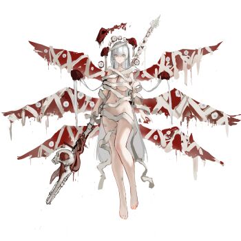 1girl absurdres bandages barefoot breasts brown_eyes cleavage collarbone full_body highres holding holding_polearm holding_weapon large_breasts long_hair looking_at_viewer lump_saury multiple_wings naked_bandage navel original parted_lips polearm red_wings simple_background sleeveless solo tachi-e very_long_hair weapon white_background white_hair wings
