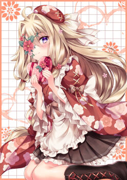 Rule 34 | 1girl, ahoge, apron, beret, black boots, black skirt, blush, boots, box, closed mouth, commission, floral print, flower, flower over eye, frilled apron, frilled sleeves, frills, gift, gift box, grid background, hair between eyes, hair intakes, hat, heart, holding, holding gift, japanese clothes, kimono, lace-up boots, light brown hair, long hair, long sleeves, nogi takayoshi, original, pleated skirt, print kimono, purple eyes, red flower, red hat, red kimono, sitting, skeb commission, skirt, smile, solo, tilted headwear, very long hair, wariza, white apron, white background, wide sleeves