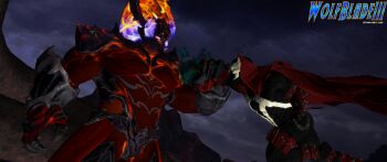 Rule 34 | 2boys, battle, belt, black cape, burning head, cape, chain, claws, creature, crossover, demon, demon boy, dormammu, eldritch abomination, fighting, fire, glowing, glowing eyes, green eyes, highres, image comics, male focus, marvel, multiple boys, skull, solo, spawn (comic), spawn (spawn), spikes, superhero costume, wolfblade111