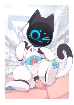 &gt;_o 1girl :3 absurdres android animal_ears animal_hands animalization anus bestiality blue_eyes carrefour cat cat_ears cat_tail cum cum_in_pussy ejaculation eyebrows facing_viewer furry furry_female girl_on_top glowing happy_sex highres joints kekitopu kerfus large_penis leg_up looking_down pawpads penis pussy robot robot_girl robot_joints sex size_difference smile spread_legs tail thighs uncensored vaginal veins veiny_penis x-ray