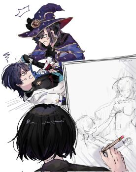 1girl 2boys artist_self-insert breasts fighting genshin_impact girl_on_top grabbing_another's_breast groping hat highres knife medium_breasts mona_(genshin_impact) multiple_boys necktie_iv14 painting_(action) scaramouche_(genshin_impact) sex wanderer_(genshin_impact) witch_hat