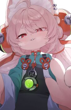 1girl absurdres ahoge animal_ear_fluff animal_ear_piercing animal_ears blurry blurry_foreground blush breath bright_pupils chinese_clothes commentary english_commentary furry furry_female green_shirt hair_between_eyes half-closed_eyes highres long_hair medallion nasol pink_fur pink_hair rabbit_girl red_eyes screw shirt short_eyebrows simple_background solo thick_eyebrows twintails upper_body white_background white_pupils zenless_zone_zero zhao_(zenless_zone_zero)