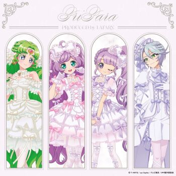 Rule 34 | 4girls, :d, ahoge, bow, closed mouth, colored eyelashes, commentary request, copyright name, detached collar, dress, falulu, falulu (awakened), feet out of frame, forehead jewel, frilled dress, frills, gloves, green eyes, green hair, grey background, grey eyes, grey hair, hair between eyes, hair bow, hair down, headphones, highres, lolita fashion, long hair, looking at viewer, looking to the side, manaka laala, manaka non, multiple girls, official alternate costume, official alternate hairstyle, official art, one eye closed, open mouth, parted bangs, pink bow, pretty series, pripara, puffy short sleeves, puffy sleeves, purple eyes, purple hair, second-party source, see-through clothes, see-through sleeves, shikyoin hibiki, short hair, short sleeves, side ponytail, sidelocks, smile, standing, sweet lolita, very long hair, white bow, white dress, white gloves