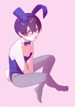 Rule 34 | 1boy, absurdres, animal ears, blue eyes, ciel phantomhive, closed mouth, crossdressing, crossdressing (mtf), detached collar, earrings, fake animal ears, fake tail, fishnet pantyhose, fishnets, hair between eyes, highres, jewelry, kuroshitsuji, leotard, male focus, male playboy bunny, pantyhose, pink background, playboy bunny, rabbit boy, rabbit ears, rabbit tail, short hair, simple background, solo, strapless, strapless leotard, tail, trap, twitter username, warynine