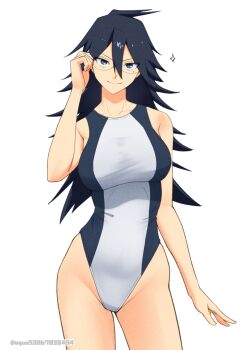 1girl adjusting_eyewear black_hair blue_eyes boku_no_hero_academia breasts closed_mouth commentary_request competition_swimsuit cowboy_shot curvy glasses highleg highres illust_aqua large_breasts long_hair looking_at_viewer midnight_(boku_no_hero_academia) one-piece_swimsuit simple_background smile solo swimsuit very_long_hair white_background white_one-piece_swimsuit