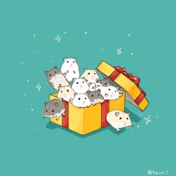 animal animal_focus aqua_background box commentary gift gift_box hamster in_box in_container no_humans original symbol-only_commentary upiupisyo
