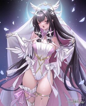 1girl alternate_costume artist_name asymmetrical_legwear black_hair bridal_veil character_name closed_eyes columbina_(genshin_impact) commentary falling_petals genshin_impact glowing head_wings highres leotard long_hair multicolored_hair petals pink_hair pink_leotard princess_ailish signature solo two-tone_hair veil very_long_hair wings