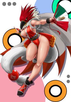 Rule 34 | 1girl, arm guards, bare shoulders, bird mask, breasts, cleavage, codybaier, commentary, curvy, english commentary, fatal fury, folded fan, folding fan, full body, garou: mark of the wolves, hand fan, highres, holding, holding fan, japanese clothes, large breasts, looking at viewer, luchador mask, mask, ninja, pelvic curtain, revealing clothes, rope, shiny skin, shiranui mai, sideboob, snk, solo, the king of fighters, thighs, tizoc (snk), wide hips, wrestling mask, wrist guards