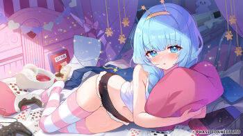 1girl apple_caramel black_shorts blue_eyes blue_hair braid commentary controller dualsense english_commentary full_body game_controller headphones highres hugging_object jelly_hoshiumi looking_at_viewer lying midriff navel nintendo_switch no_shoes official_art open_mouth phase_connect pillow pink_thighhighs playstation_controller shirt shorts solo striped_clothes striped_thighhighs thighhighs virtual_youtuber white_shirt