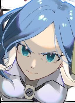Rule 34 | >:(, 1girl, angry, blue eyes, blue hair, bodysuit, breasts, coccofyze, inazuma eleven, inazuma eleven (series), long hair, medium breasts, multicolored hair, no pupils, solo, two-tone hair, urubida, v-shaped eyebrows, white background, white bodysuit, white hair